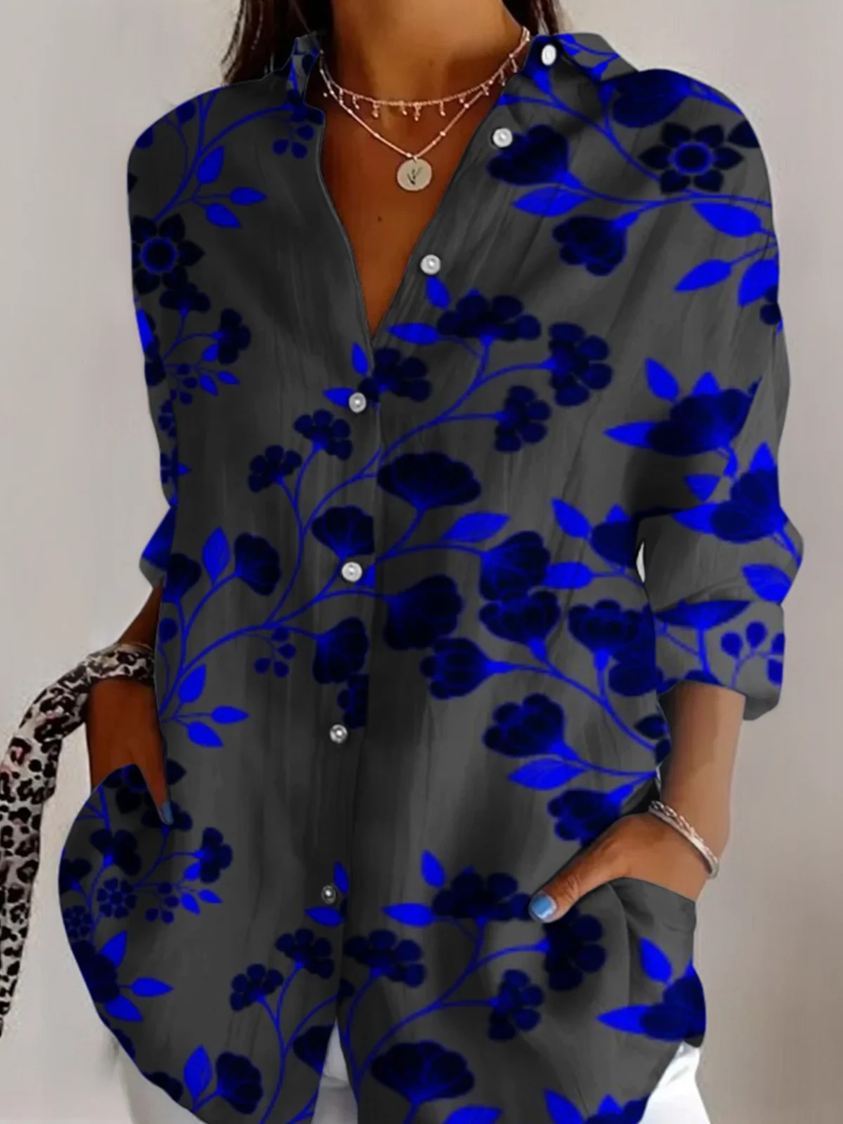 V Neck Botanical Pattern Casual Shirt