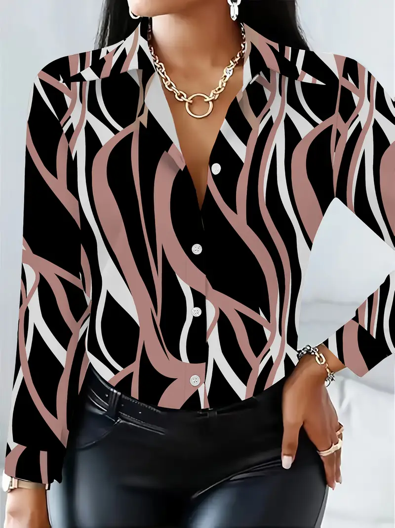 Women's Long Sleeve Shirt Spring/Fall Black Abstract Buckle Shirt Collar Regular Sleeve Daily Going Out Casual Top
