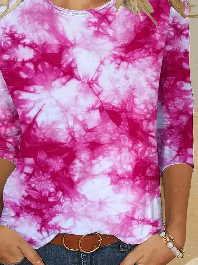 Women's Long Sleeve T-shirt Spring/Fall Pink Tie Dye Printing Jersey Crew Neck Daily Going Out Casual Top