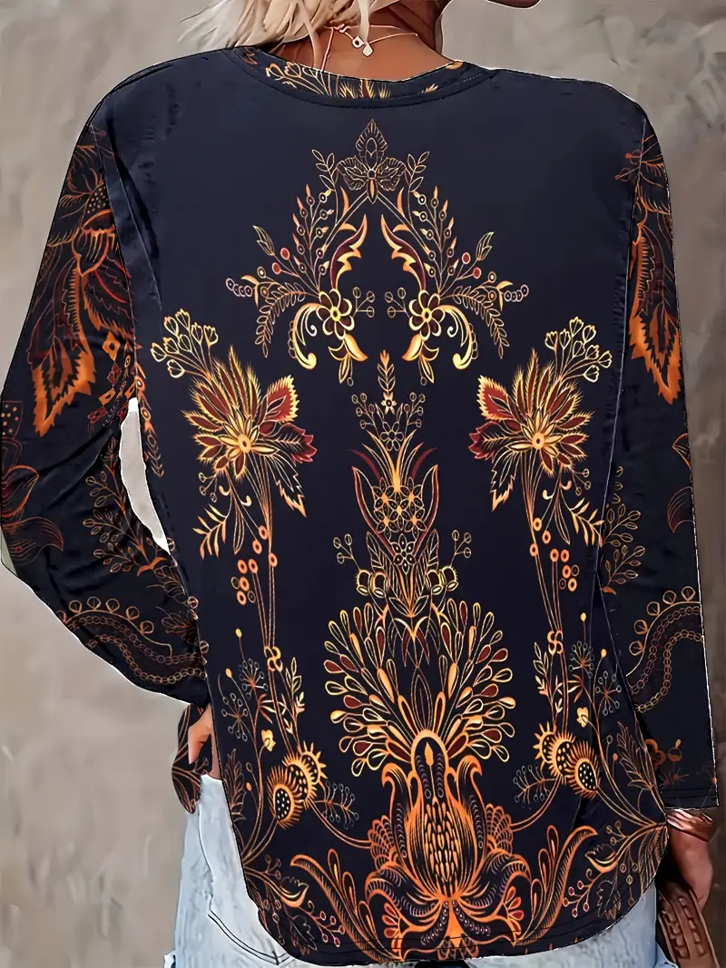 Women's Long Sleeve T-shirt Spring/Fall Black Floral Printing Jersey Crew Neck Daily Going Out Casual Top