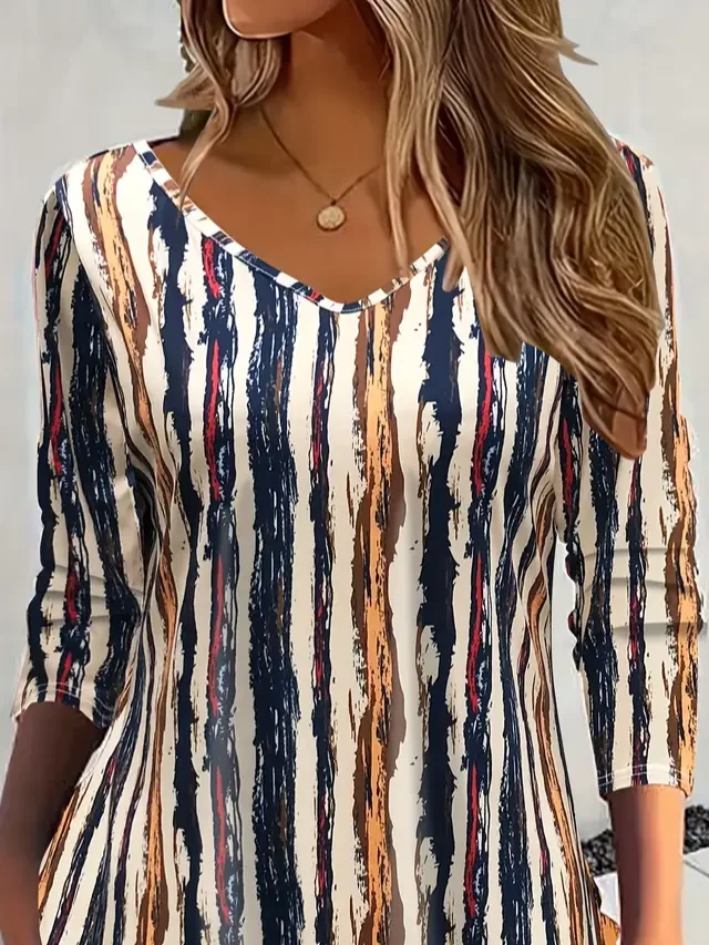 Women's Long Sleeve T-shirt Spring/Fall As Picture Striped Printing Jersey V Neck Daily Going Out Casual Top