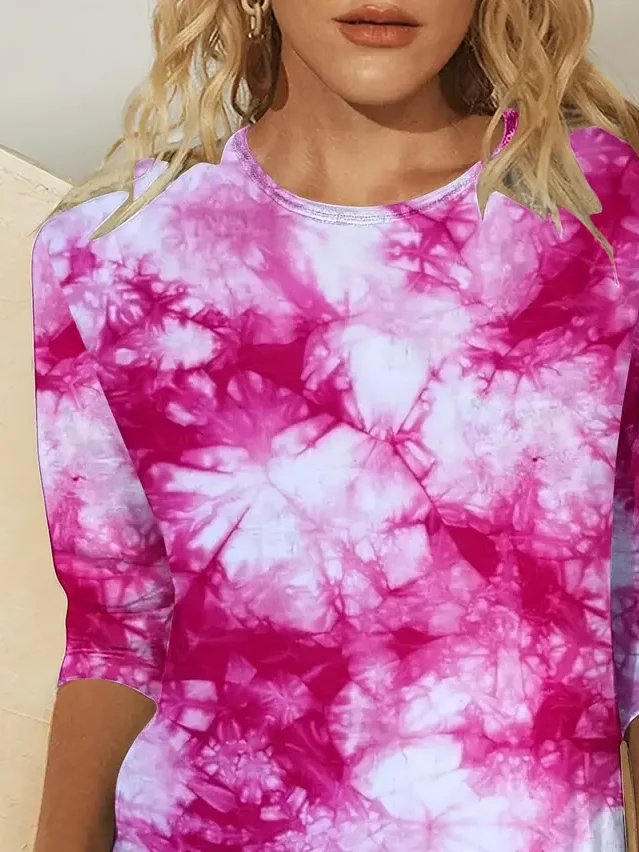 Women's Long Sleeve T-shirt Spring/Fall Pink Tie Dye Printing Jersey Crew Neck Daily Going Out Casual Top