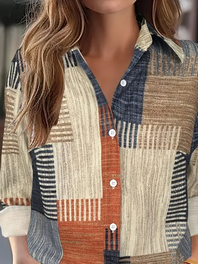 Women's Long Sleeve Shirt Spring/Fall As Picture Abstract Buckle Shirt Collar Regular Sleeve Daily Going Out Casual Top