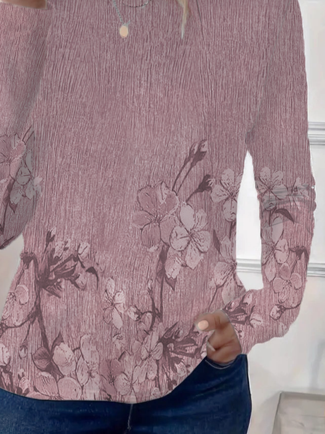 Women's Long Sleeve T-shirt Spring/Fall Pink Floral Printing Jersey Crew Neck Daily Going Out Casual Top