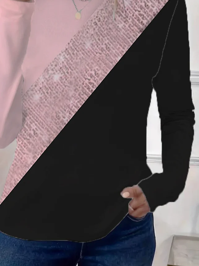 Women's Long Sleeve T-shirt Spring/Fall Pink Multicolor Block Printing Jersey Crew Neck Daily Going Out Casual Top