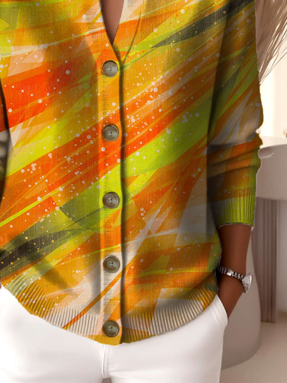 Vintage Knitted Crew Neck Geometric Cardigan
