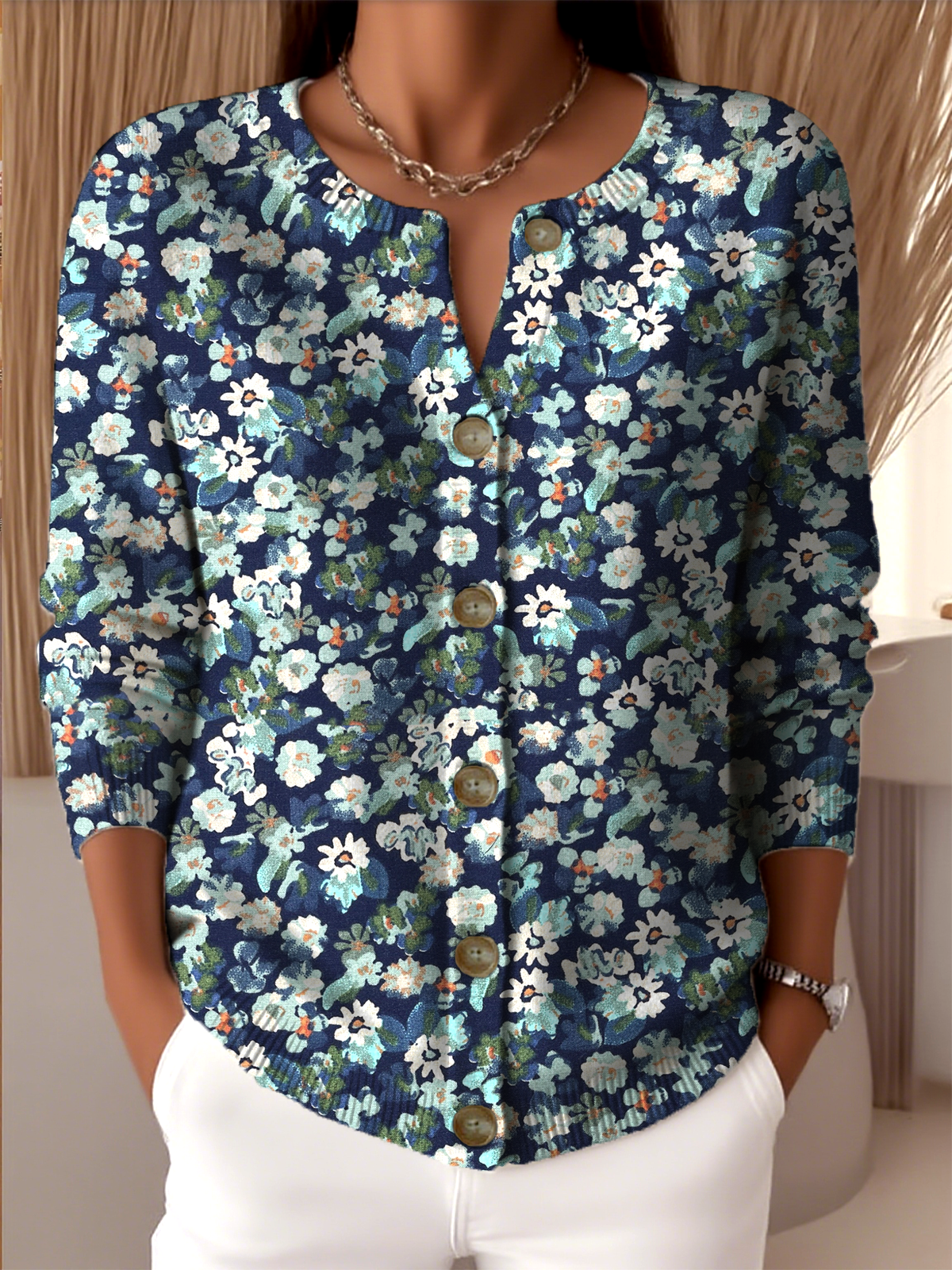 Peasant Crew Neck Floral Knitted Cardigan