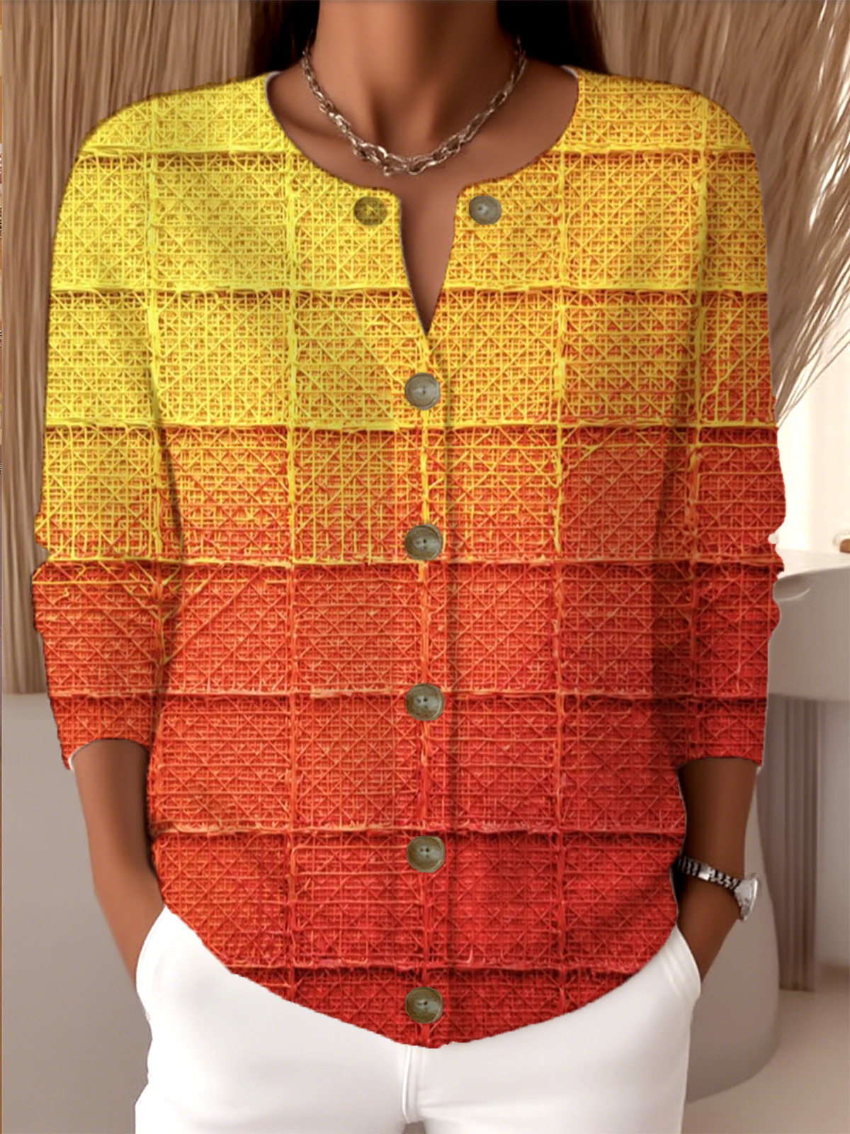 Crew Neck Knitted Gradient Pattern Peasant Cardigan