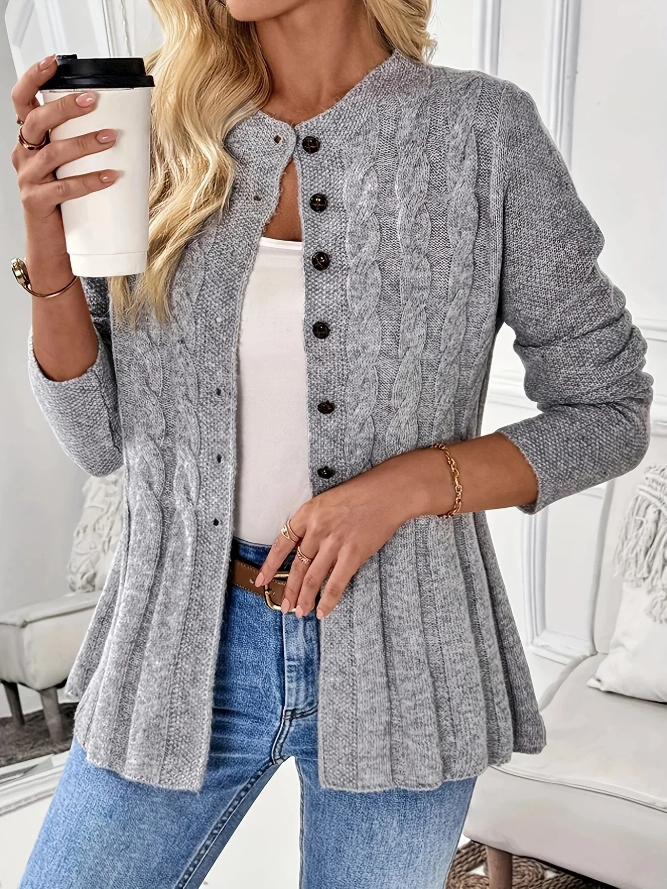 Women's Casual Long Sleeve Knitted Cardigan Autumn and Winter Cable Knit Round Neck Warm Coat Sweater