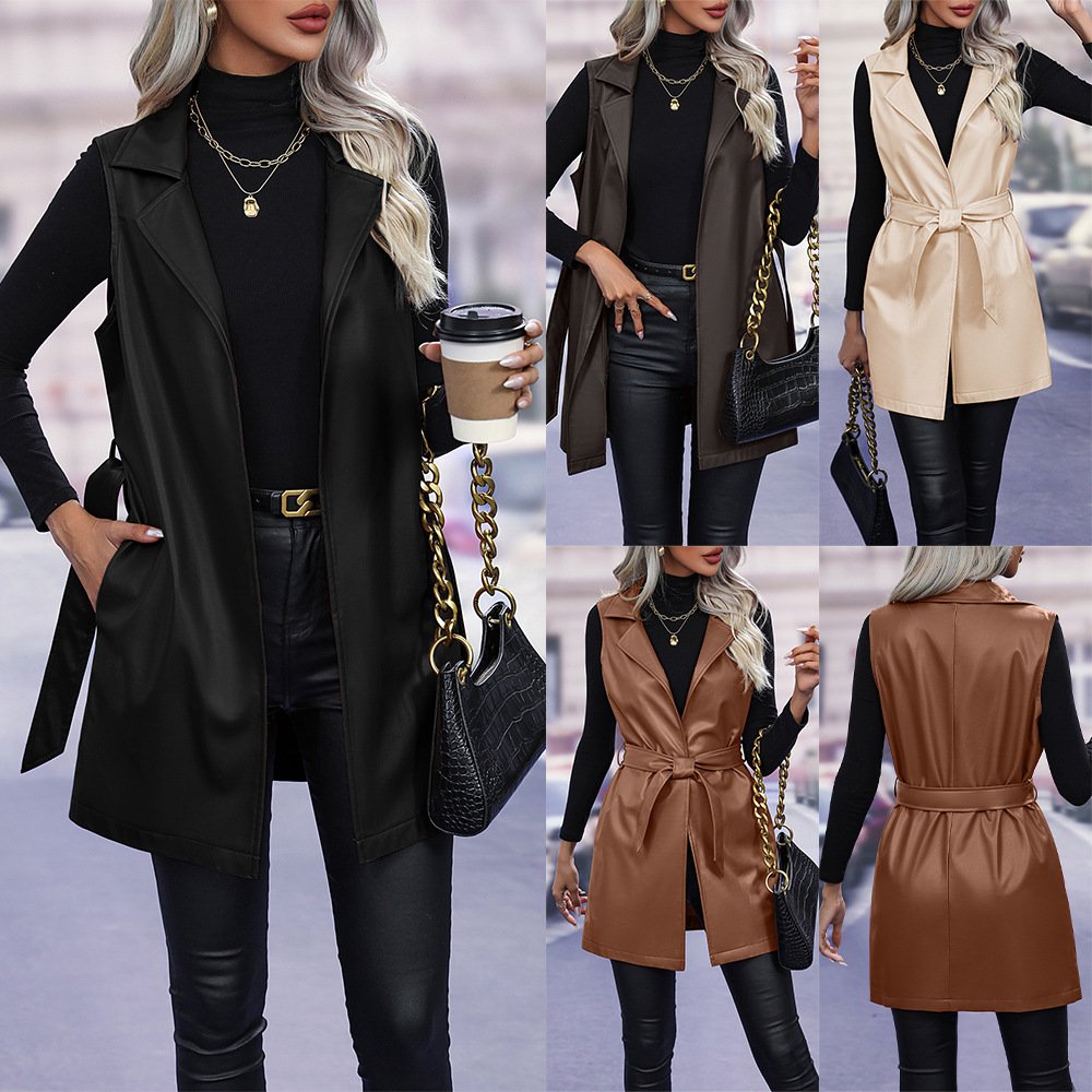 Loose Plain Street Pu Vest With Belt