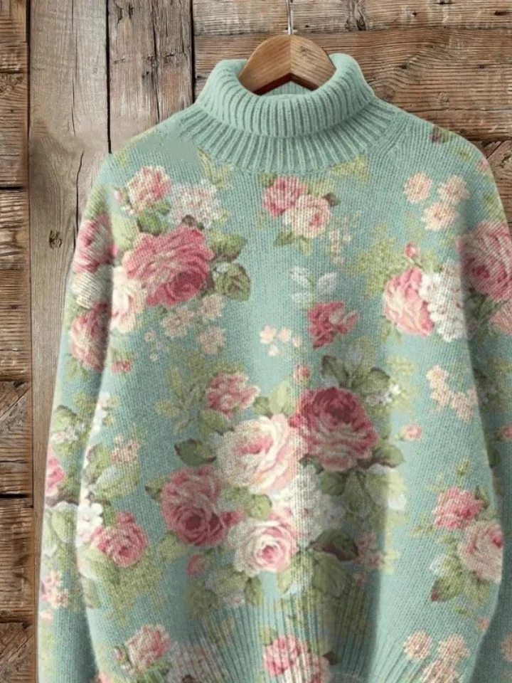 Women's Floral Print Casual Turtleneck Long Sleeve Sweater