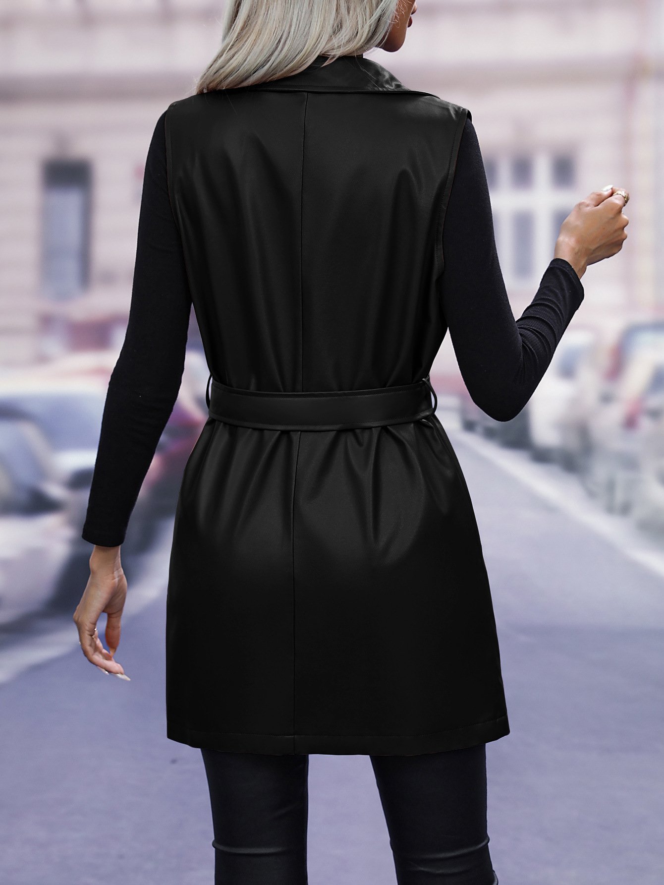Loose Plain Street Pu Vest With Belt