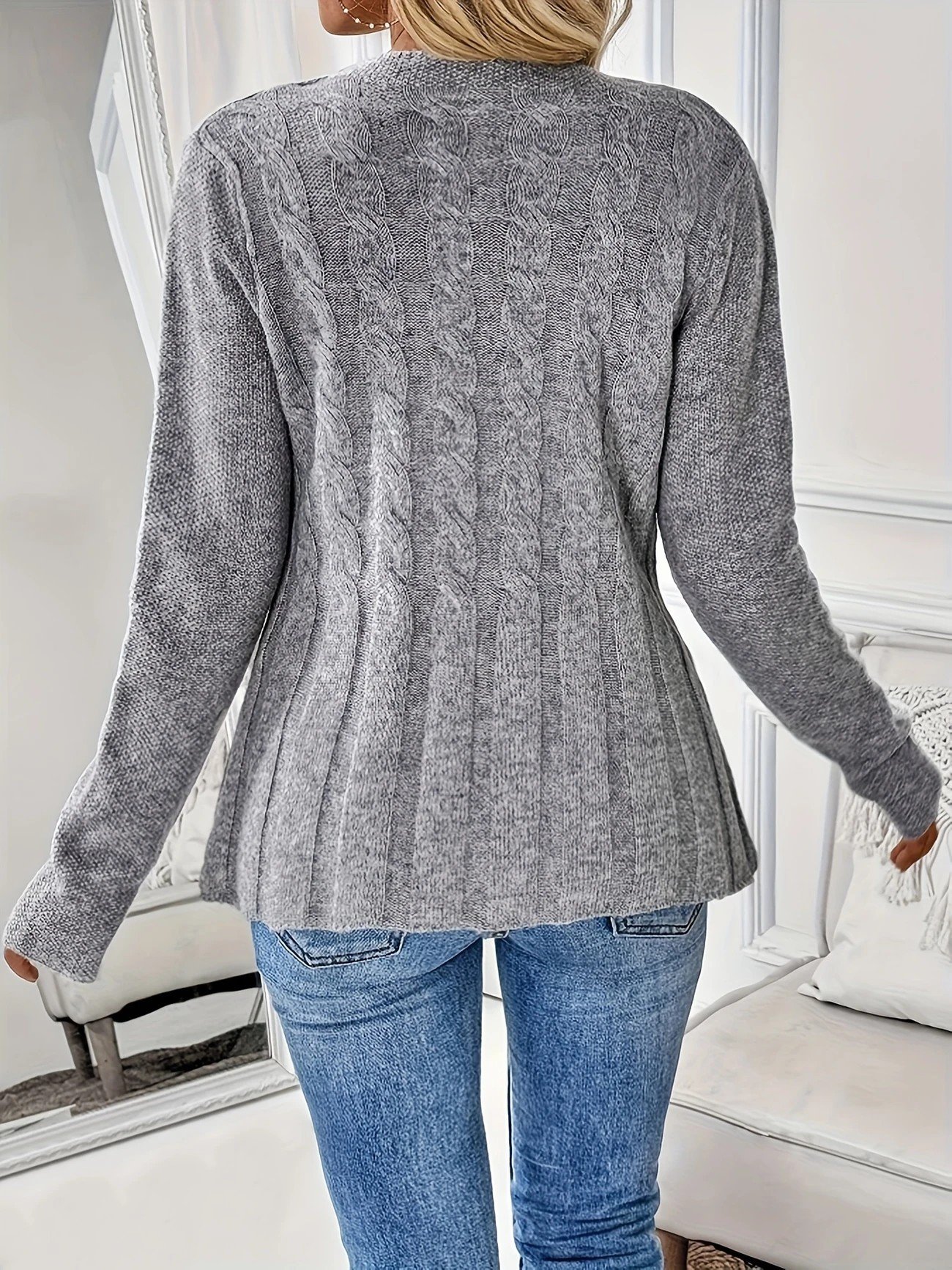 Women's Casual Long Sleeve Knitted Cardigan Autumn and Winter Cable Knit Round Neck Warm Coat Sweater