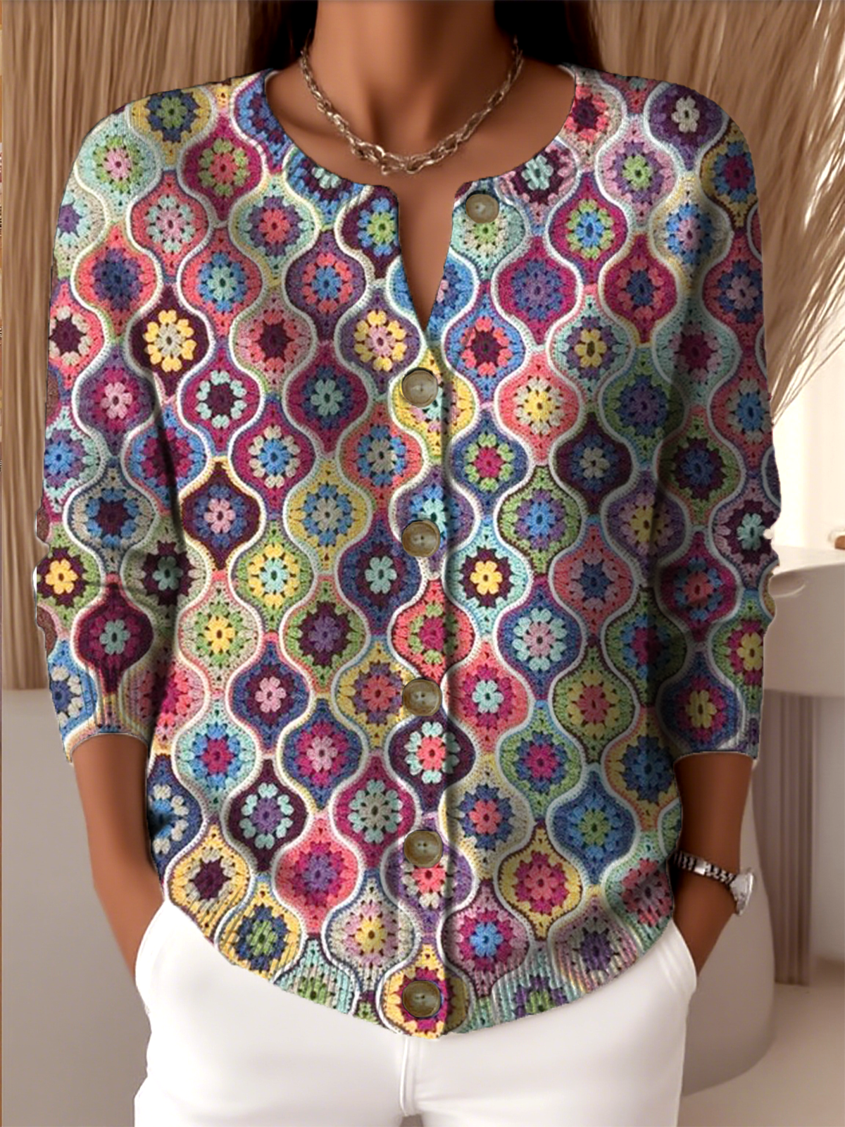 Ethnic Geometry Crew Neck Peasant Cardigan
