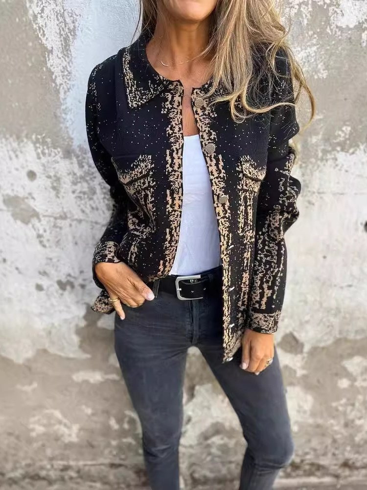 Shawl Collar Random Print Urban Printing Autumn And Winter Lapel Knitted Jacket With Mixed Color Metal Buttons Jacket