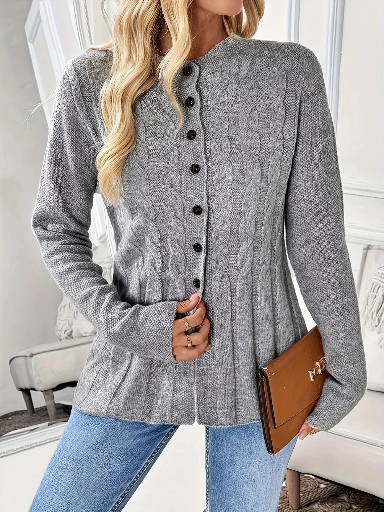 Women's Casual Long Sleeve Knitted Cardigan Autumn and Winter Cable Knit Round Neck Warm Coat Sweater