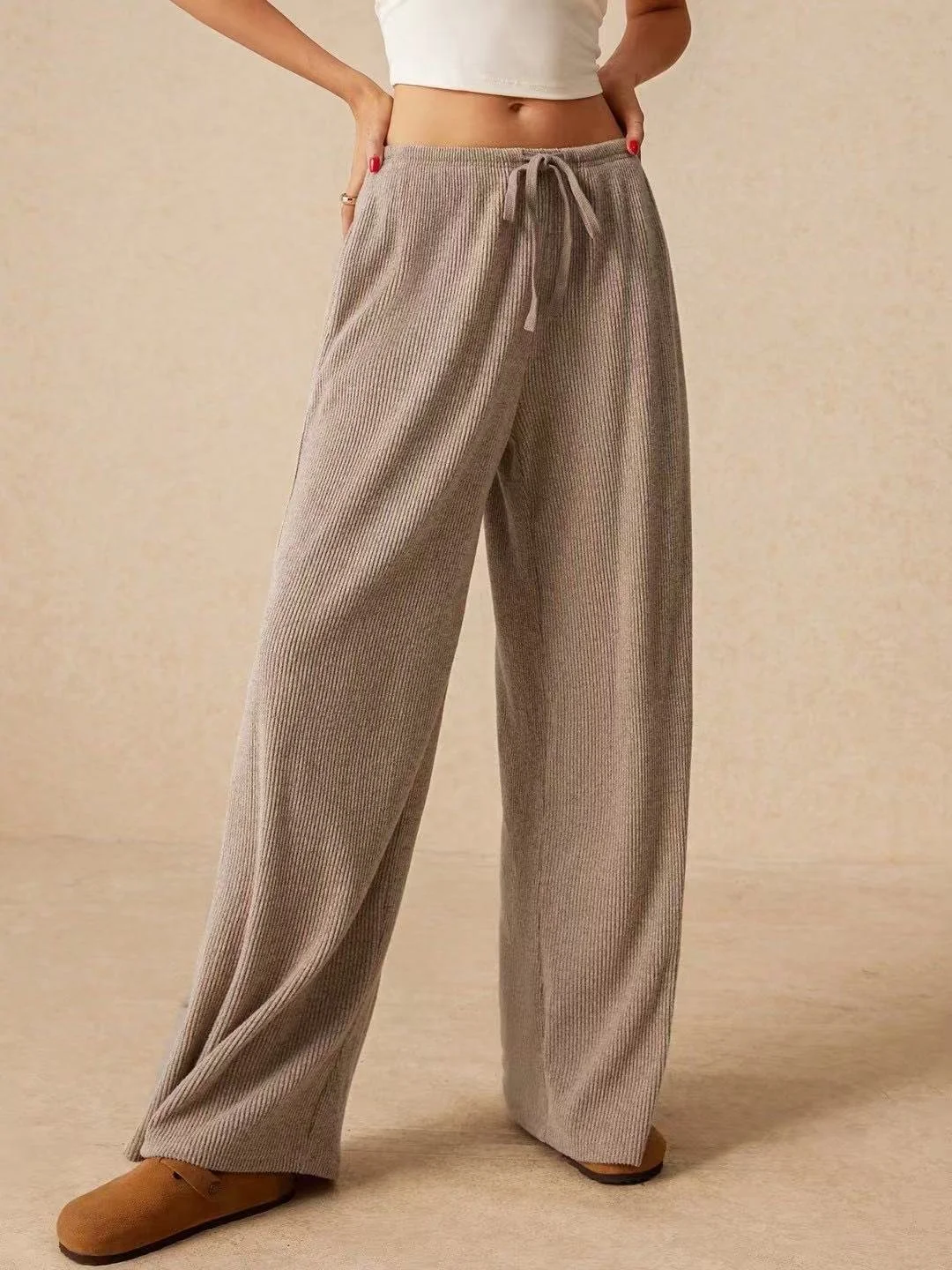 Women's  Elastic Waist H-Line Wide Leg Pants Daily Going Out Pants Khaki Casual Split Joint Plain Spring/Fall Pants