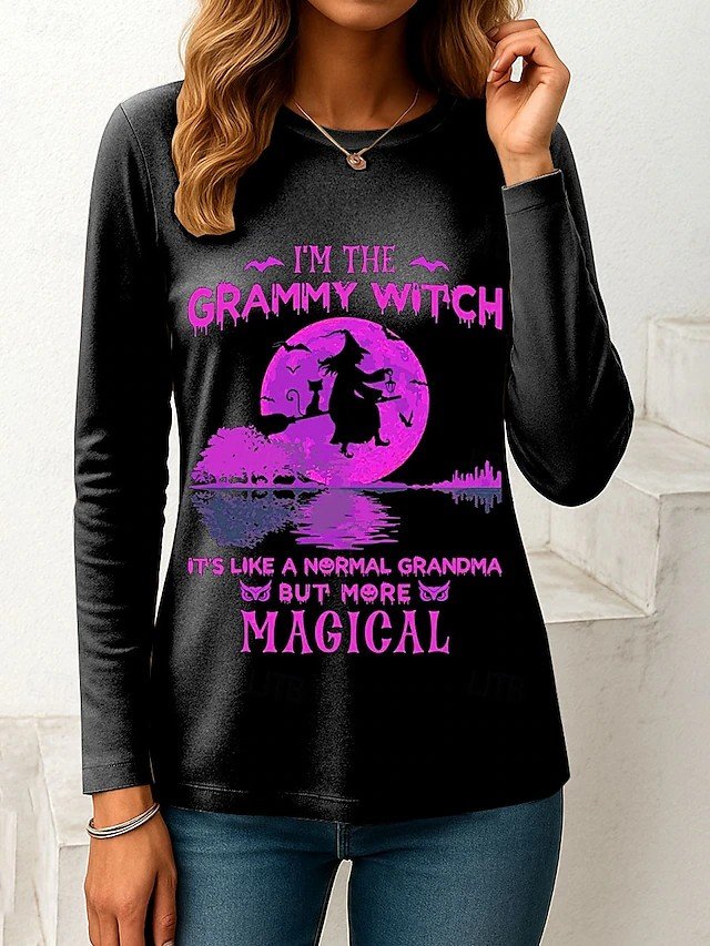Halloween Women's T shirt Long Sleeve Graphic Letter Witch Vintage