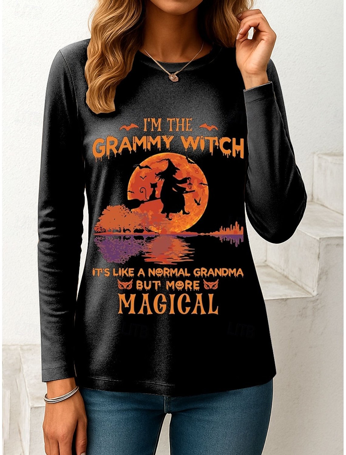 Halloween Women's T shirt Long Sleeve Graphic Letter Witch Vintage
