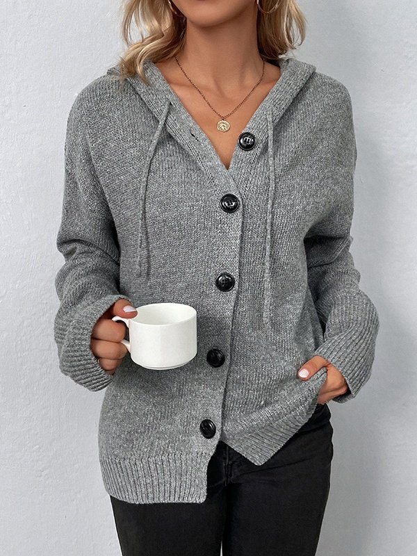 Split Joint Lady Romance Cotton Solid Color Hooded Single-breasted Cross-border Sweater Women 2025 Autumn And Winter New Drawstring Knitted Cardigan Jacket