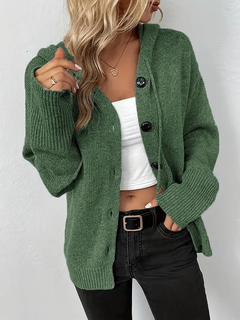 Split Joint Lady Romance Cotton Solid Color Hooded Single-breasted Cross-border Sweater Women 2025 Autumn And Winter New Drawstring Knitted Cardigan Jacket