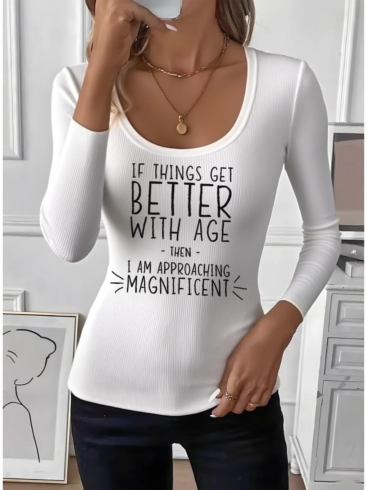 U-Neck Letter Pattern Simple T-Shirt