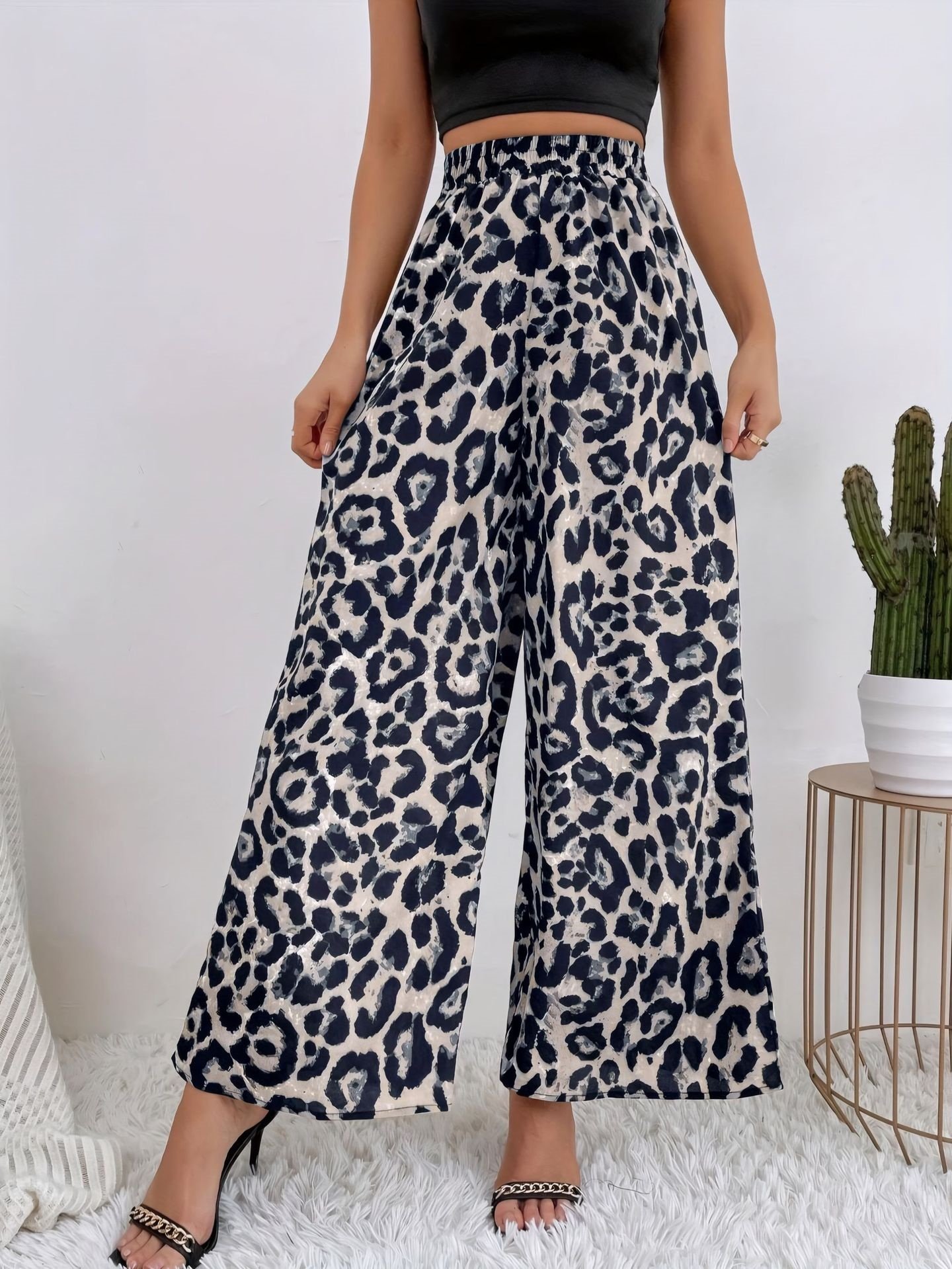 Women's  Elastic Waist H-Line Wide Leg Pants Daily Going Out Pants Deep Brown Casual Split Joint Leopard Spring/Fall Pants