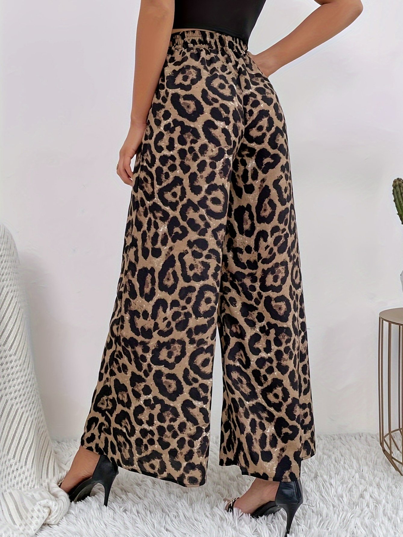 Women's  Elastic Waist H-Line Wide Leg Pants Daily Going Out Pants Deep Brown Casual Split Joint Leopard Spring/Fall Pants