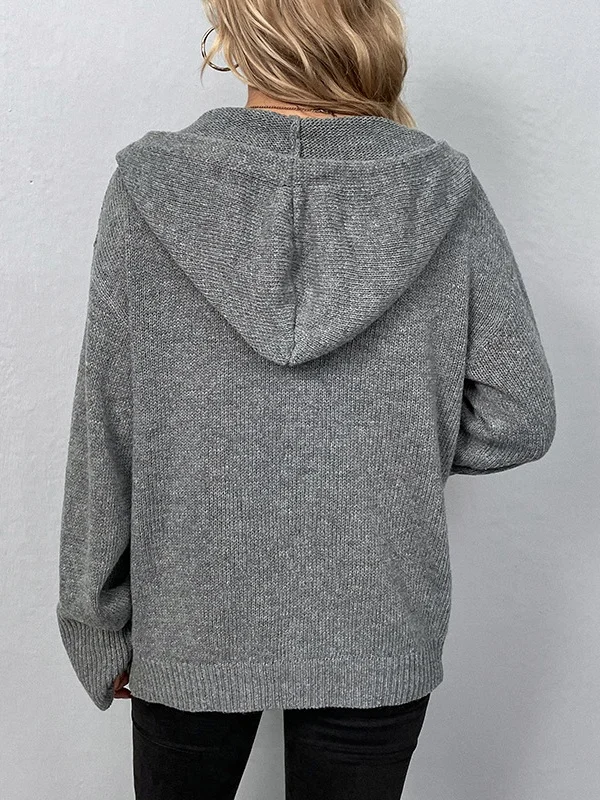 Split Joint Lady Romance Cotton Solid Color Hooded Single-breasted Cross-border Sweater Women 2025 Autumn And Winter New Drawstring Knitted Cardigan Jacket