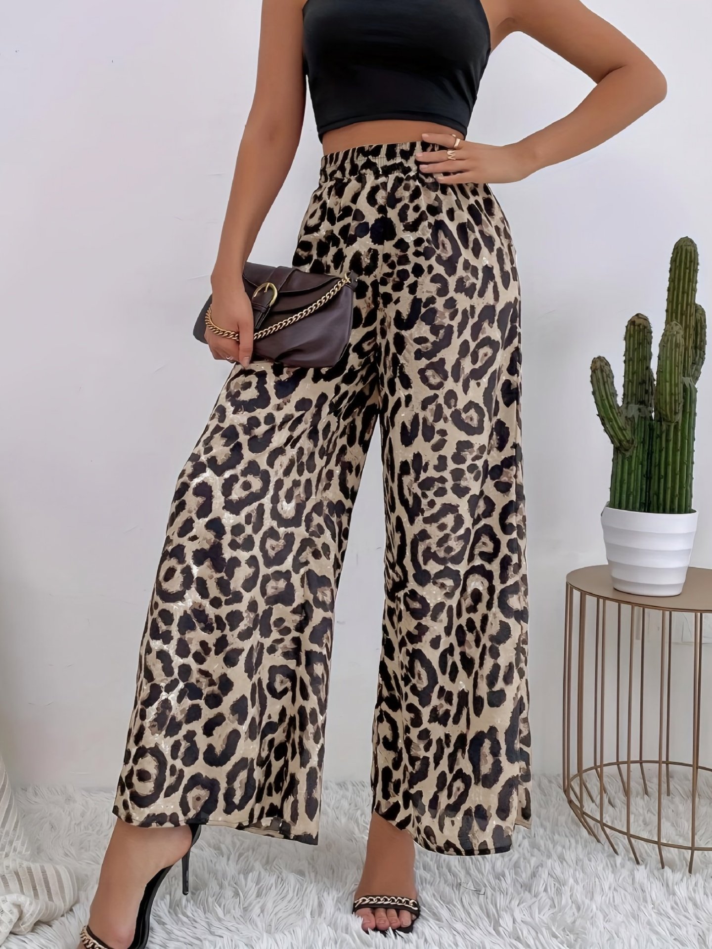 Women's  Elastic Waist H-Line Wide Leg Pants Daily Going Out Pants Deep Brown Casual Split Joint Leopard Spring/Fall Pants