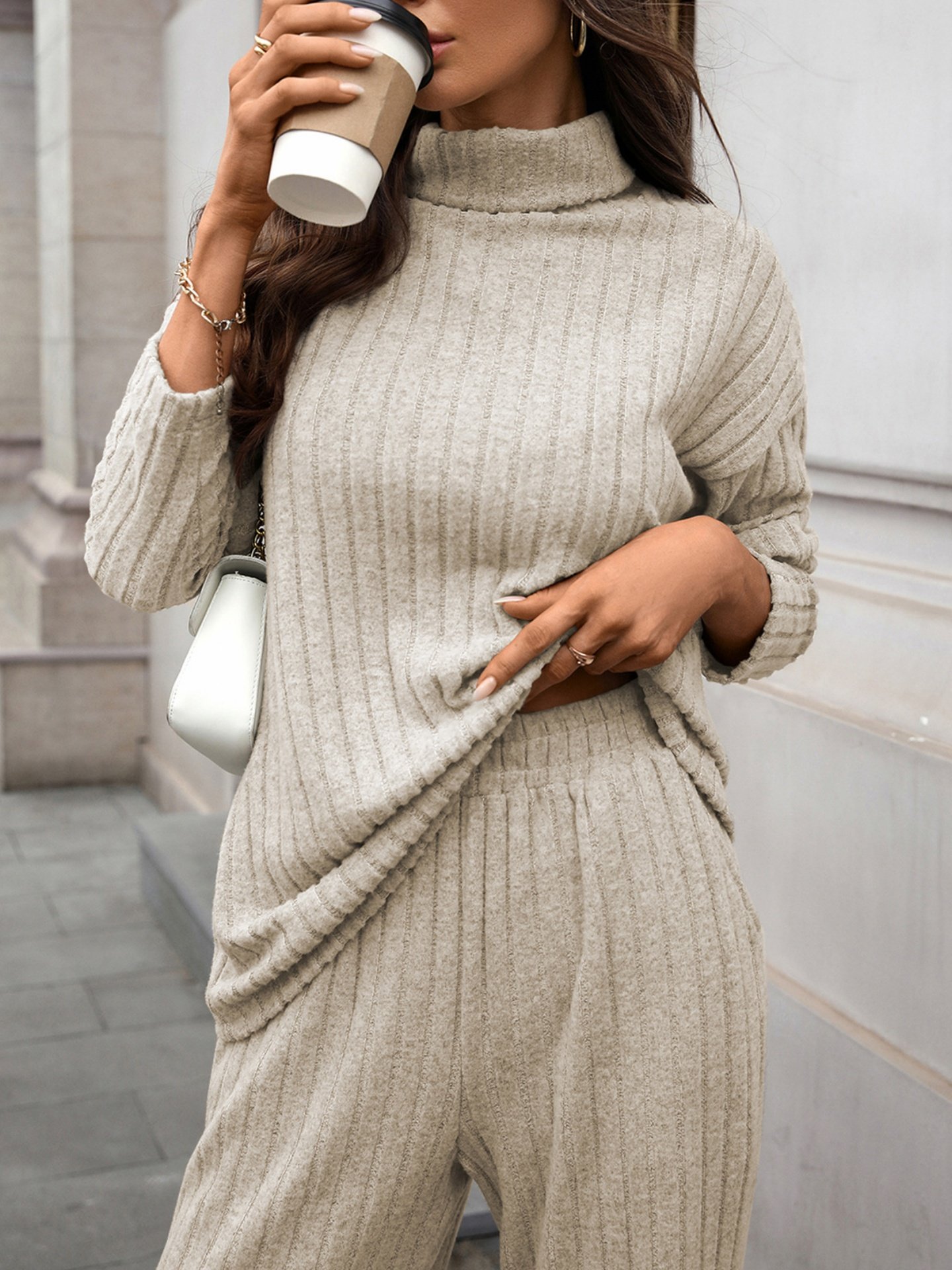 Women's Split Joint Plain Daily Going Out Two-Piece Set Apricot Casual Spring/Fall Top With Pants Matching Set