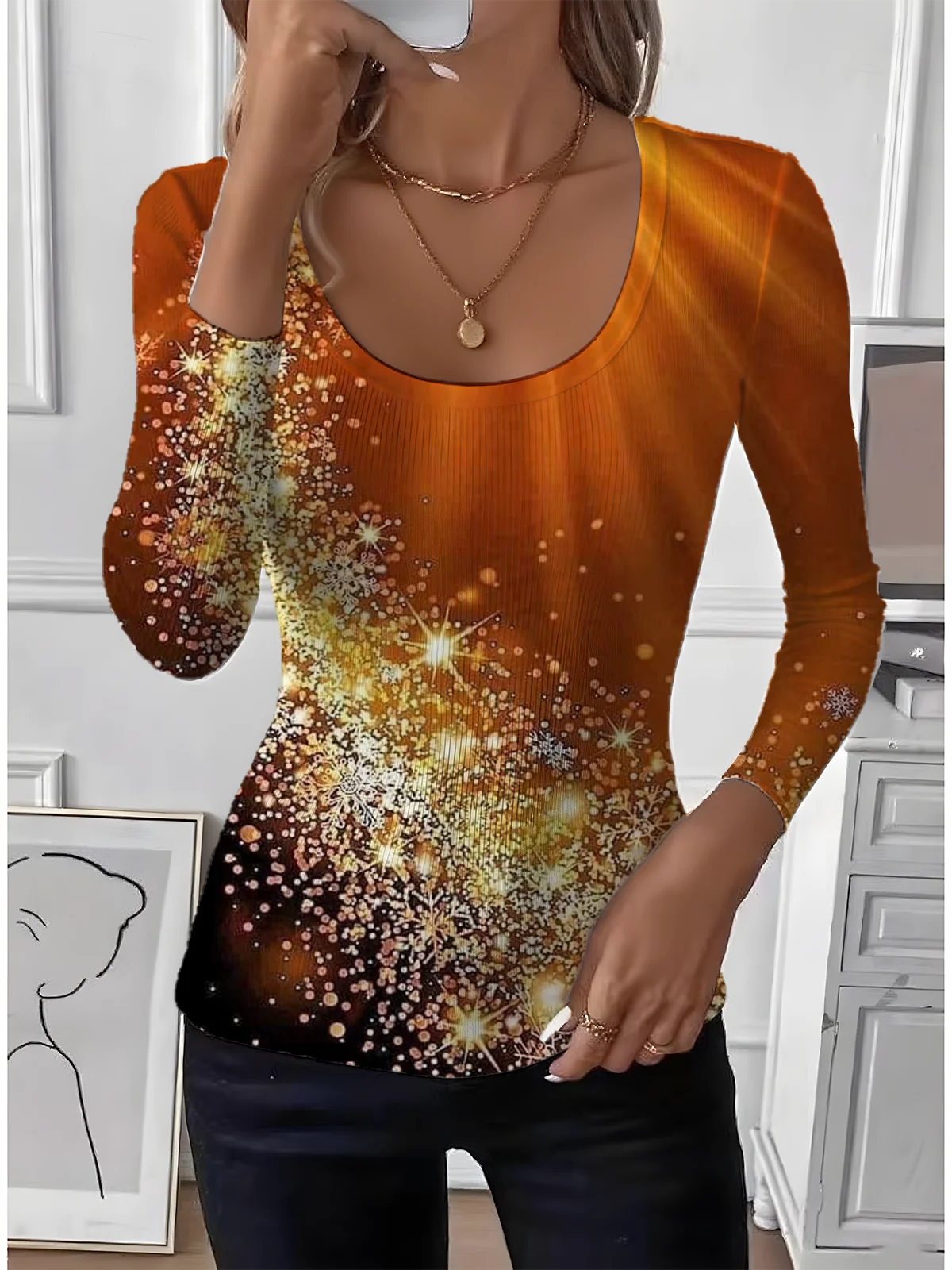 U-Neck Gradient Pattern Simple Tight T-Shirt