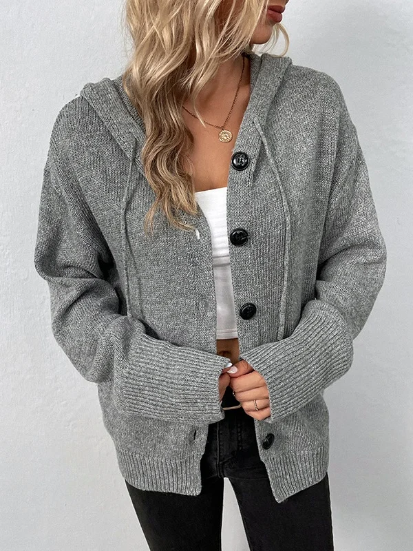 Split Joint Lady Romance Cotton Solid Color Hooded Single-breasted Cross-border Sweater Women 2025 Autumn And Winter New Drawstring Knitted Cardigan Jacket