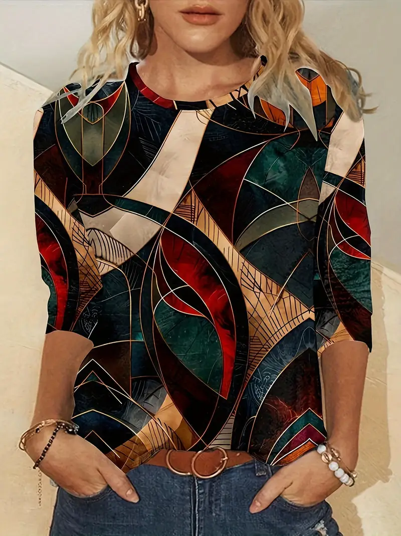 Women's Long Sleeve T-shirt Spring/Fall As Picture Abstract Printing Jersey Crew Neck Daily Going Out Casual Top