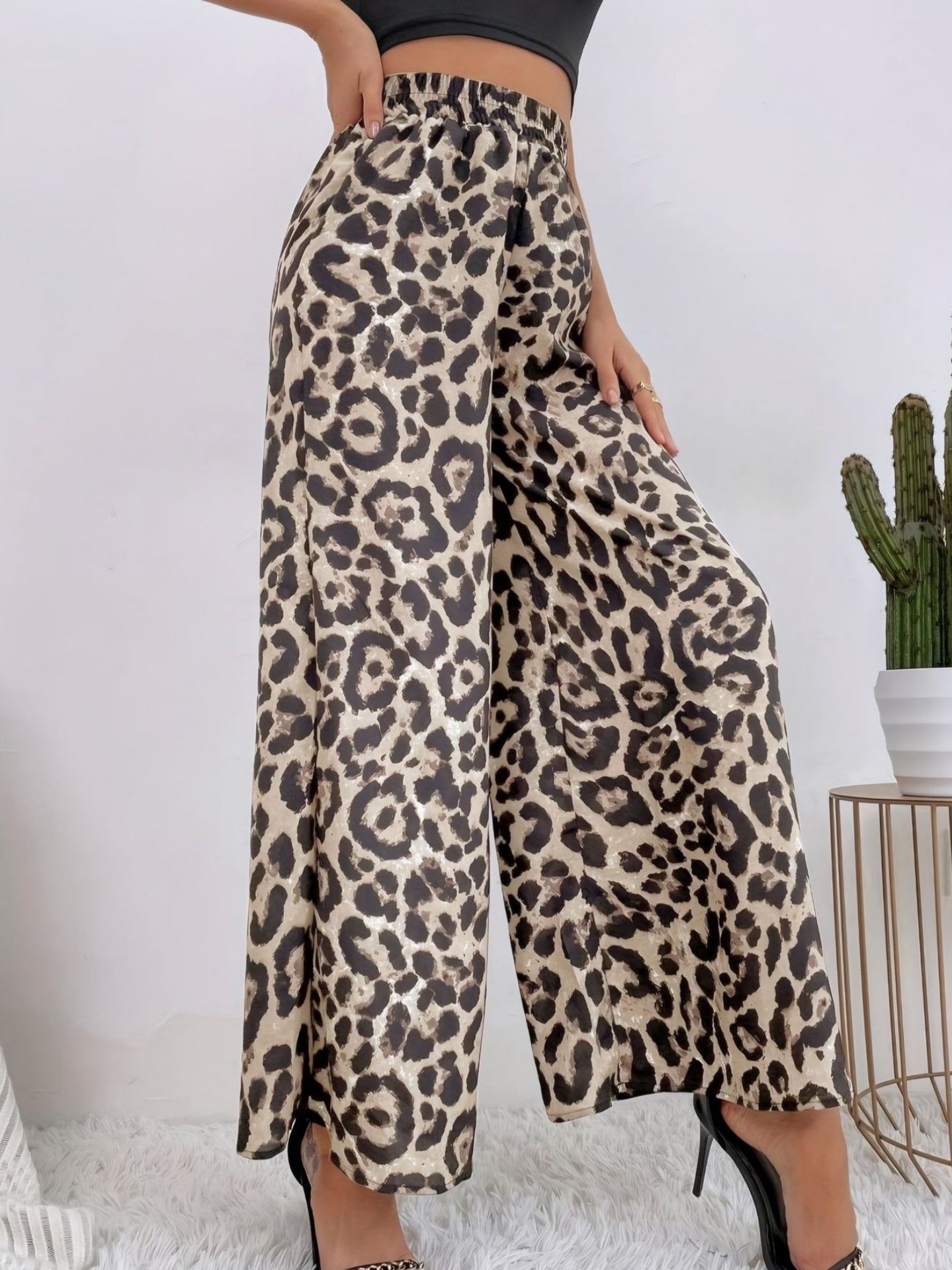 Women's  Elastic Waist H-Line Wide Leg Pants Daily Going Out Pants Deep Brown Casual Split Joint Leopard Spring/Fall Pants