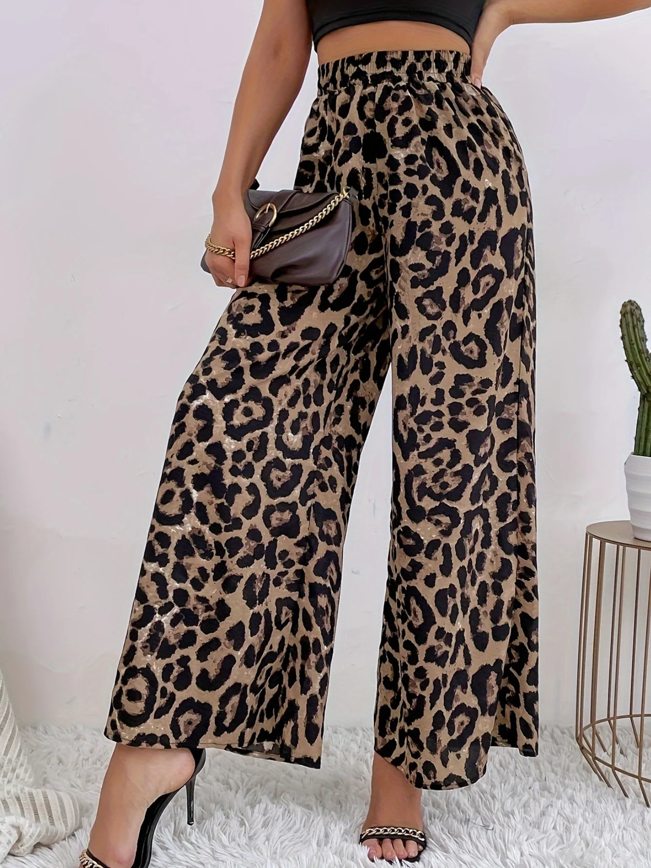 Women's  Elastic Waist H-Line Wide Leg Pants Daily Going Out Pants Deep Brown Casual Split Joint Leopard Spring/Fall Pants