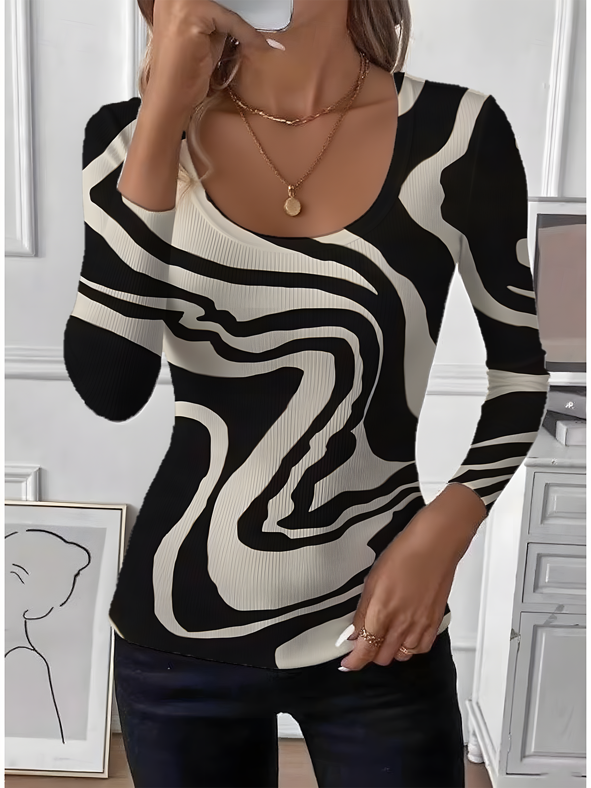 Striped U-Neck Simple Tight T-Shirt
