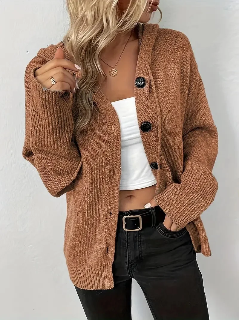 Split Joint Lady Romance Cotton Solid Color Hooded Single-breasted Cross-border Sweater Women 2025 Autumn And Winter New Drawstring Knitted Cardigan Jacket