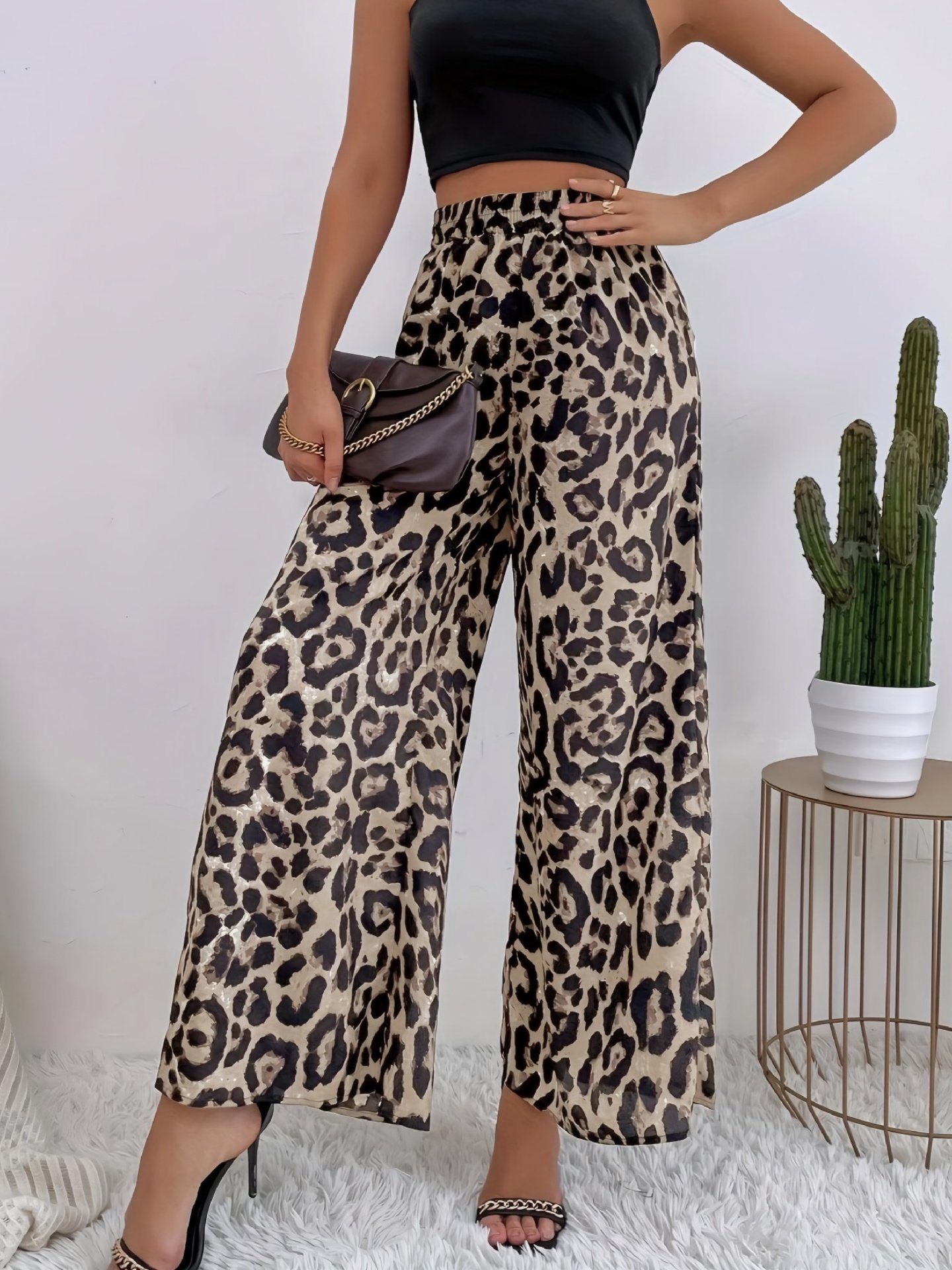 Women's  Elastic Waist H-Line Wide Leg Pants Daily Going Out Pants Deep Brown Casual Split Joint Leopard Spring/Fall Pants