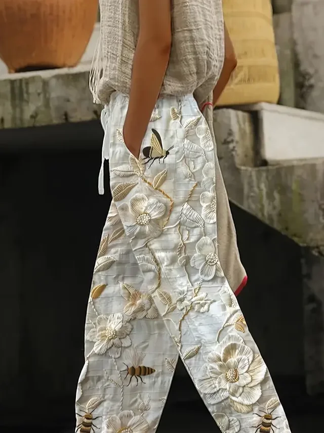 Women's  H-Line Baggy Pants Daily Going Out Pants Off White Casual Printing Floral Spring/Fall Pants