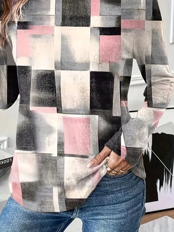 Women's Long Sleeve T-shirt Spring/Fall pink-gray Abstract Printing Jersey Crew Neck Daily Going Out Casual Top