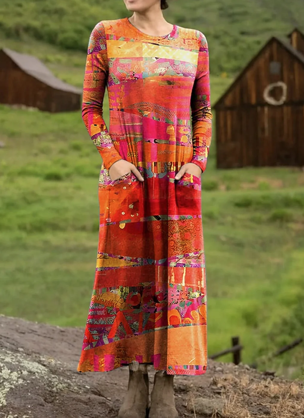 Women's Maxi T-shirt Dress Holiday Casual Bohemian Style Holiday Date Regular Fit Ethnic Pattern Geometric Long Sleeves Round U Neck