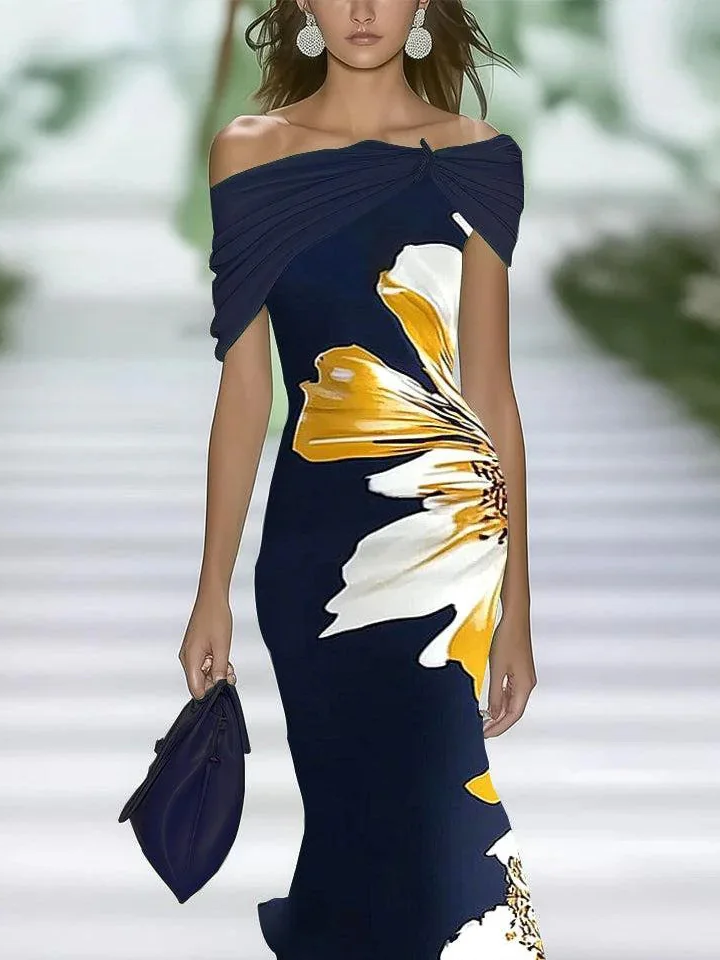 Women's Cap Sleeve Summer Purplish blue Floral Printing Cold Shoulder Daily Going Out Vintage Maxi H-Line Dress