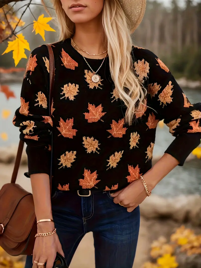 Women's Maple Leaf Print Casual Crew Neck Long Sleeve Sweater