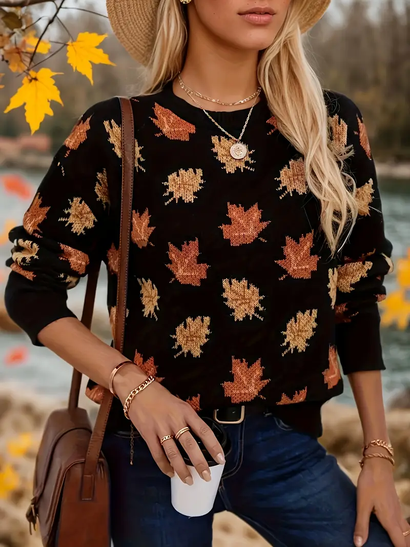Women's Maple Leaf Print Casual Crew Neck Long Sleeve Sweater