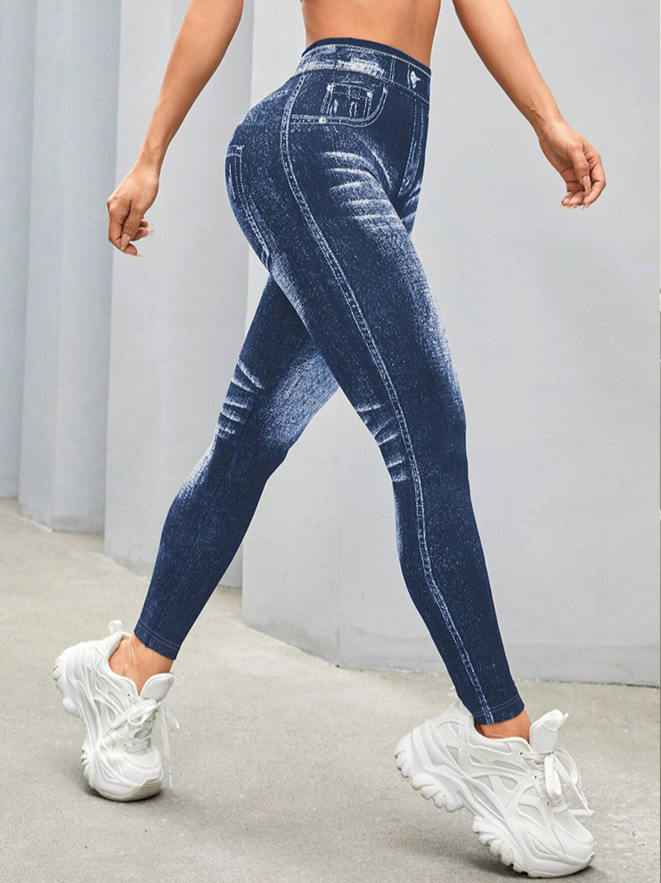 Faux Denim Print Graphic Tight Casual Leggings