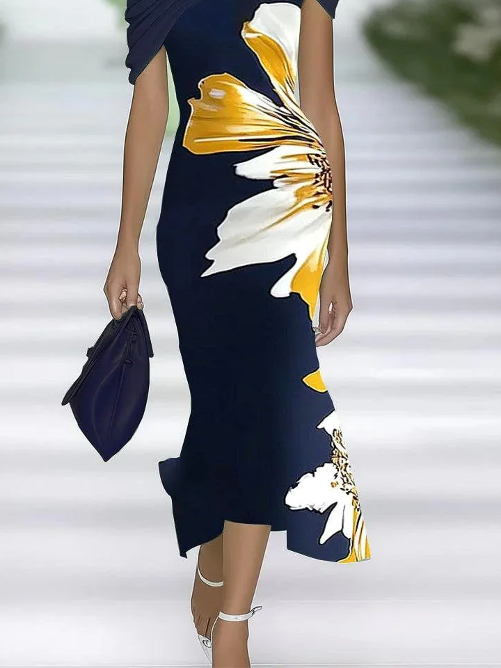 Women's Cap Sleeve Summer Purplish blue Floral Printing Cold Shoulder Daily Going Out Vintage Maxi H-Line Dress