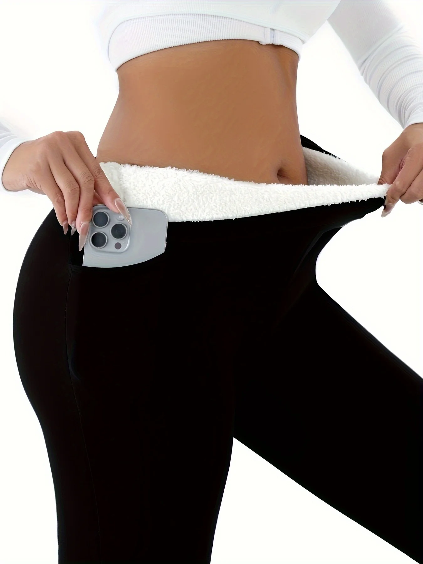 Plain Regular Fit Casual Fleece Lined Sports Style Leggings Warm High-waisted Slim Fit Casual Sports Pants With Pockets Leggings