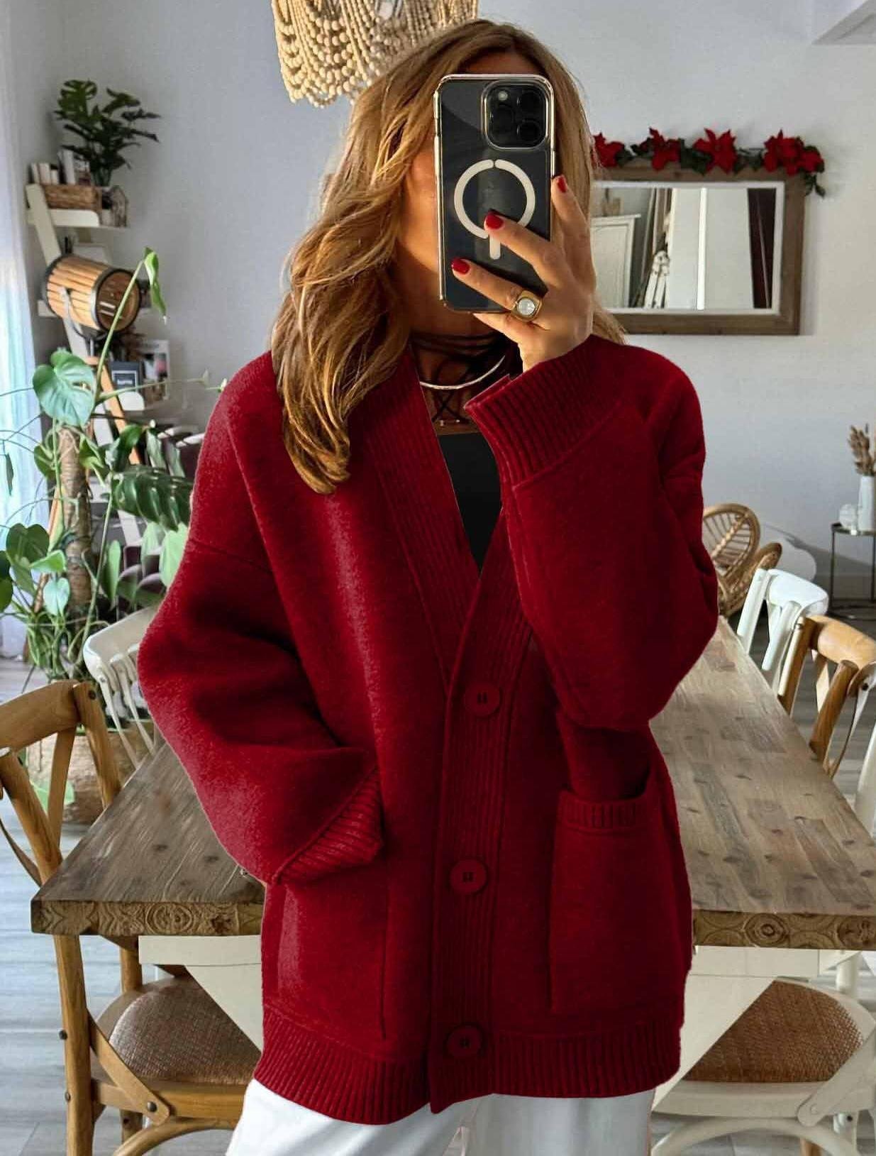 Women's Solid Color Autumn And Winter Thick Retro Sweater Long Sleeve Pocket Cardigan