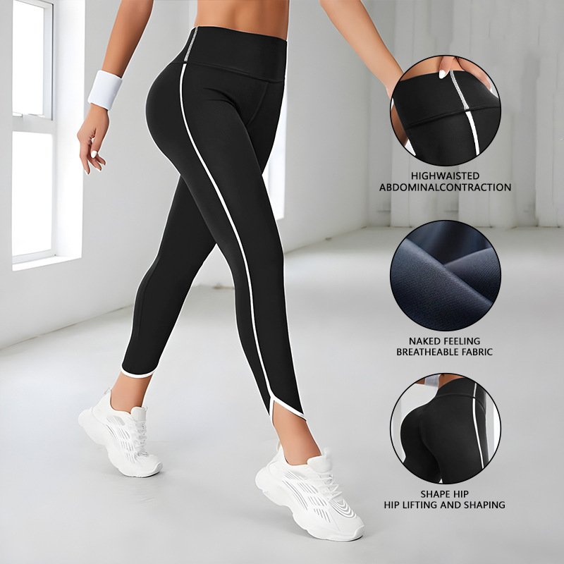 High Waist Sports Fitness Pants With Hem Trousers Hip Lifting Tummy Shaping Yoga Pants